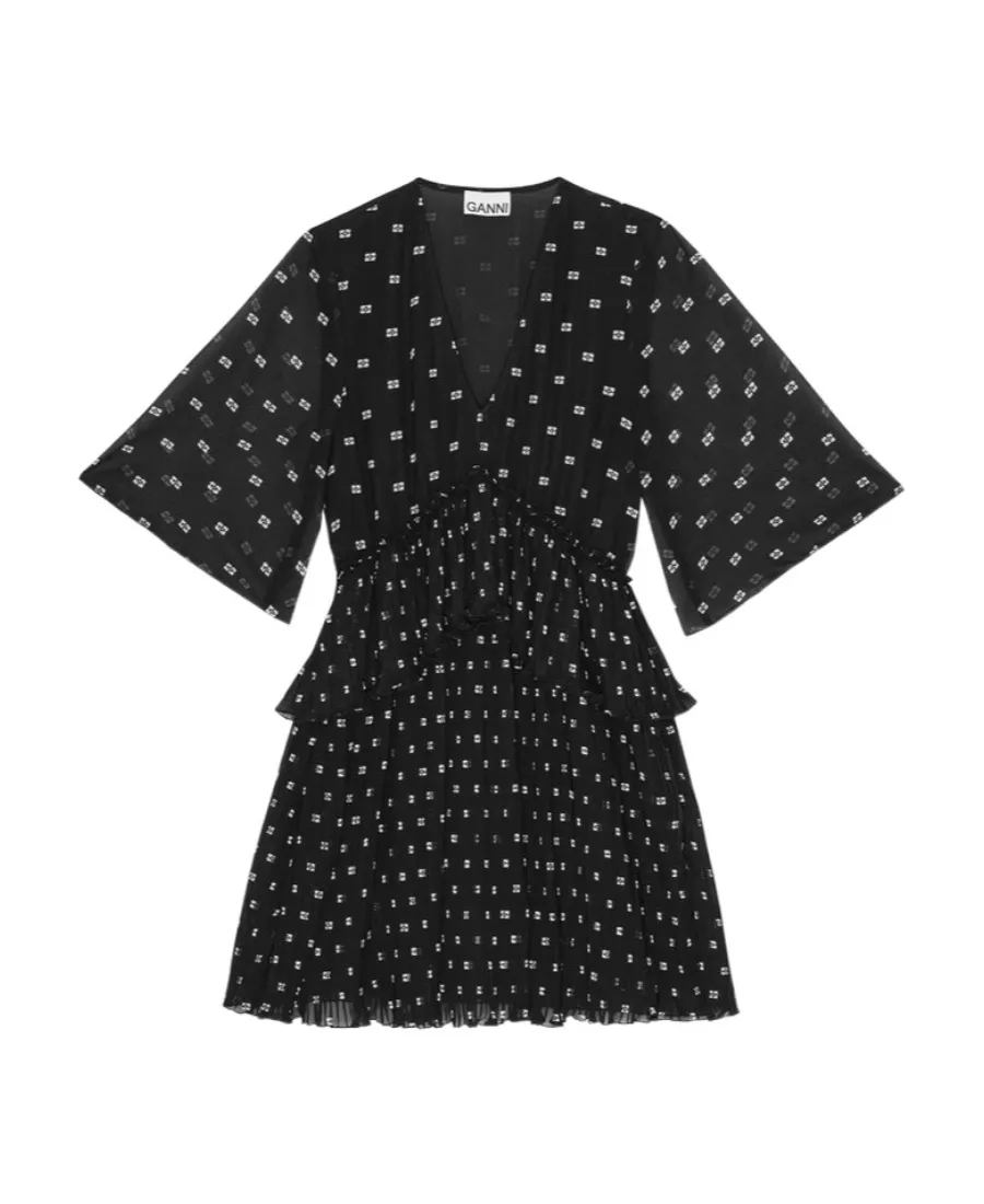 Butterfly-Printed V-Neck Pleated Mini Dress