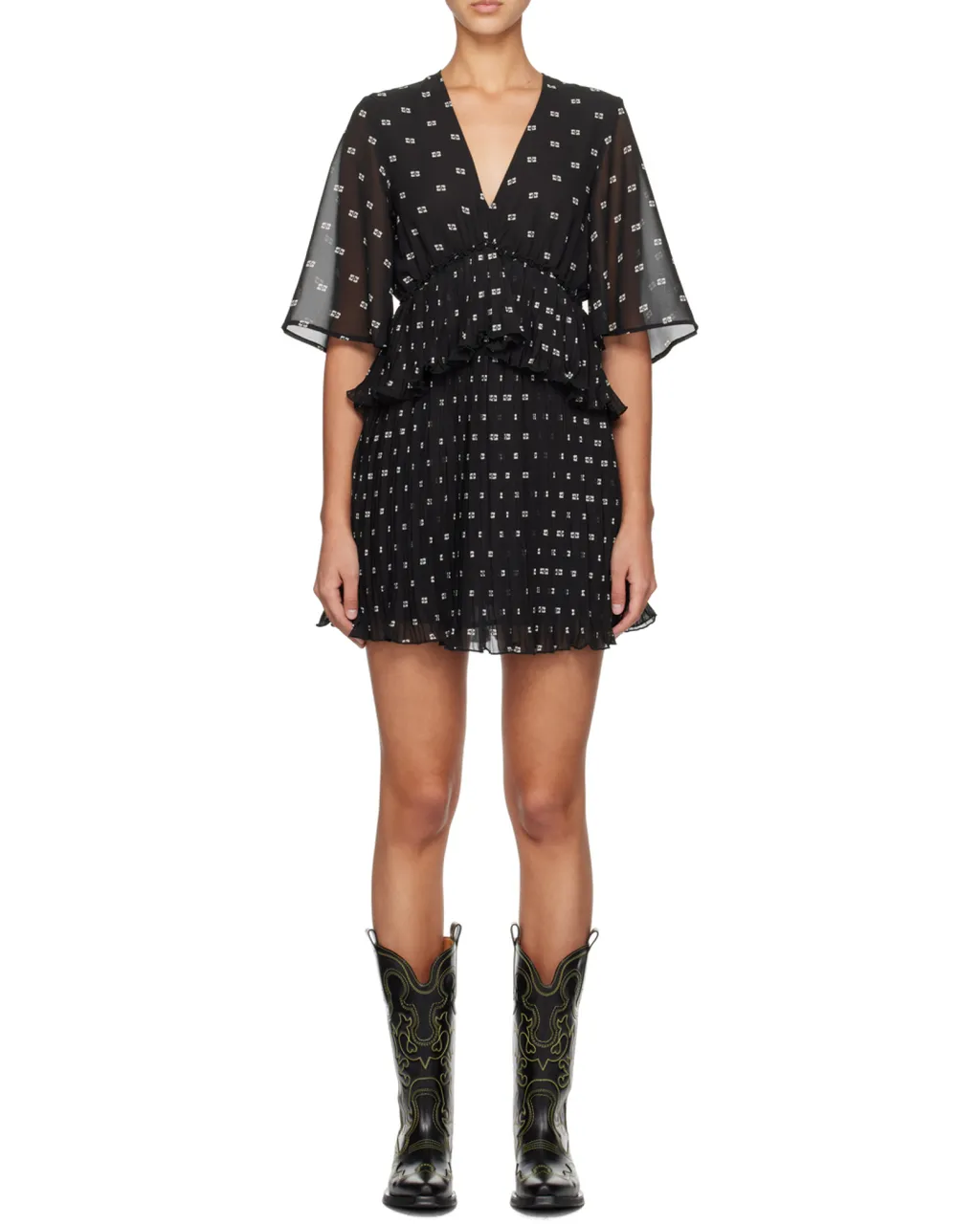 Butterfly-Printed V-Neck Pleated Mini Dress