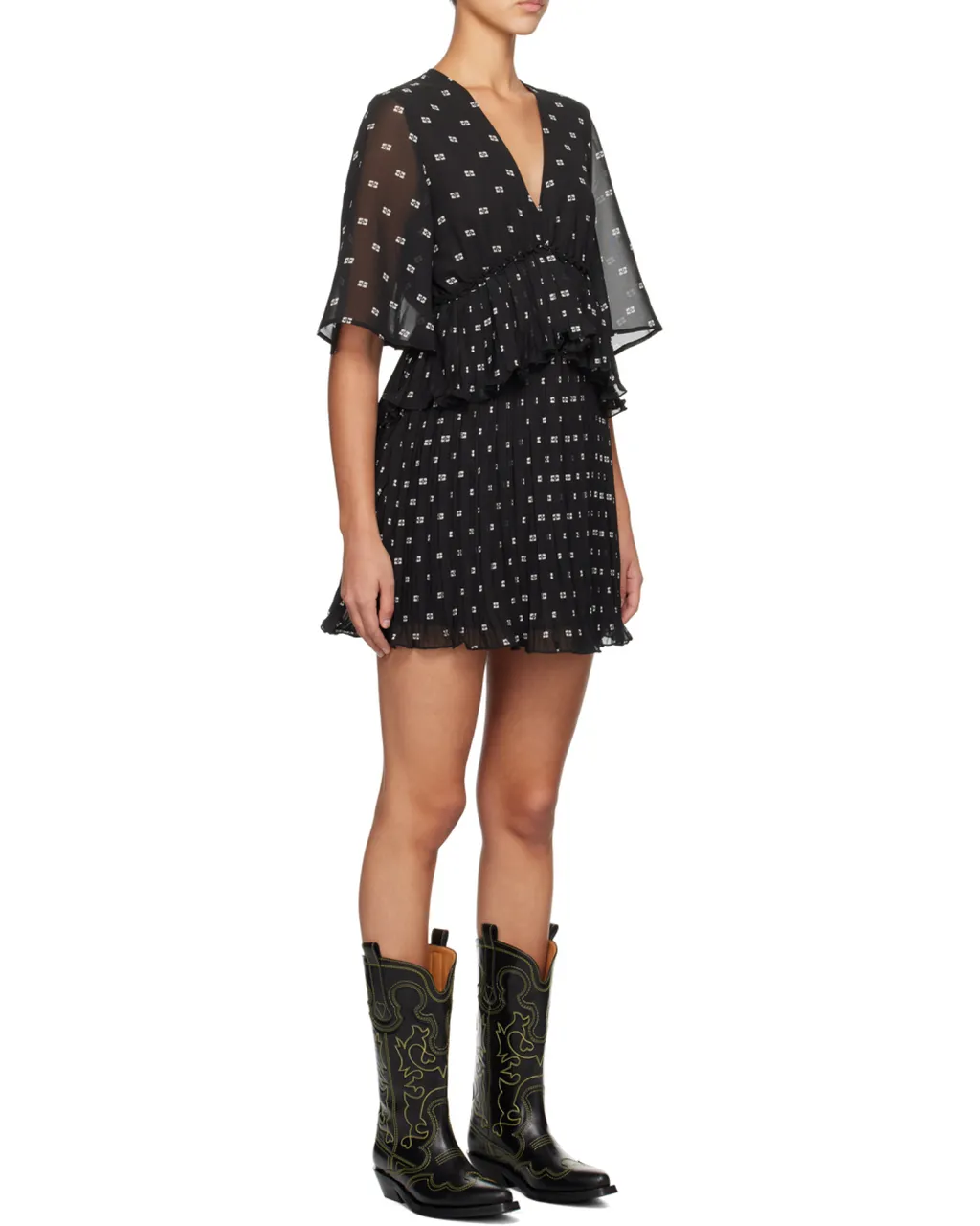 Butterfly-Printed V-Neck Pleated Mini Dress