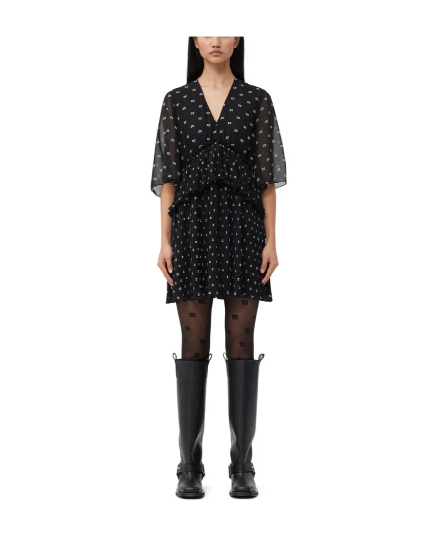Butterfly-Printed V-Neck Pleated Mini Dress