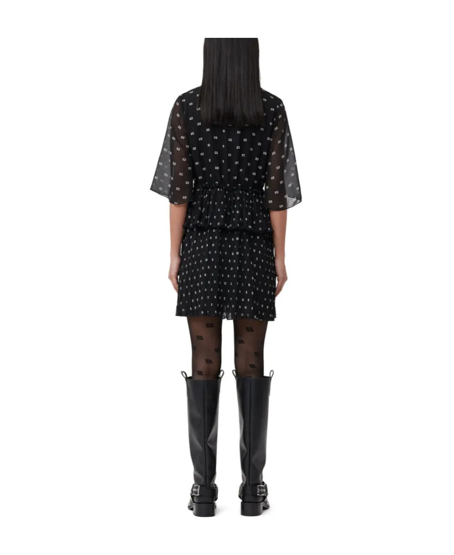 Butterfly-Printed V-Neck Pleated Mini Dress