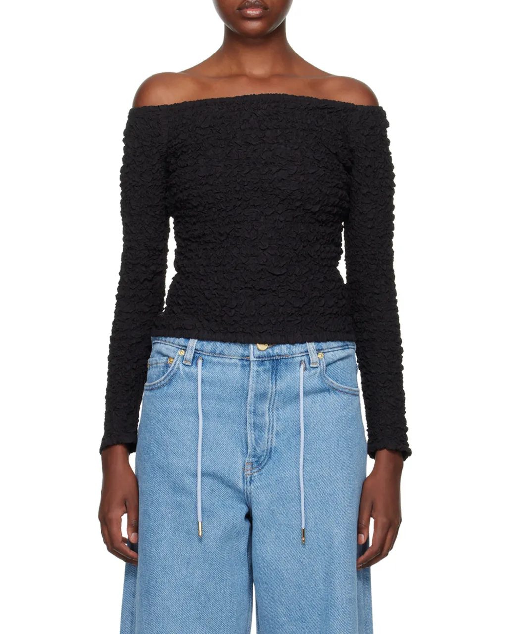 Cotton Poplin Off-Shoulder Smock Blouse