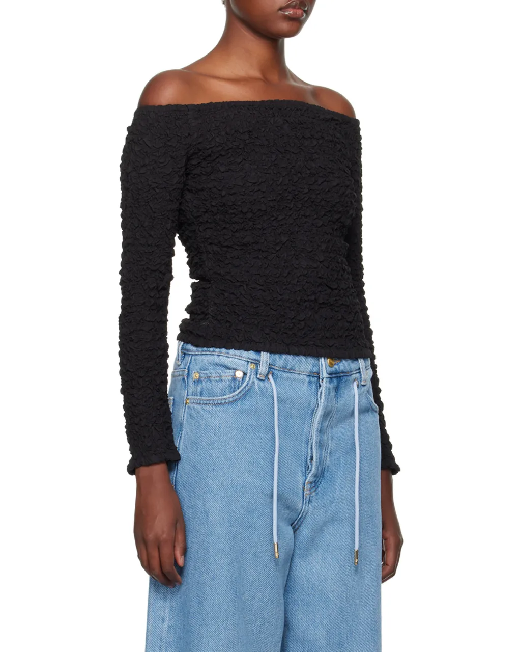 Cotton Poplin Off-Shoulder Smock Blouse