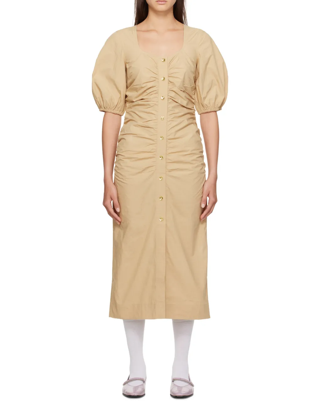 Cotton Poplin Gathered Open-Neck Maxi Dress