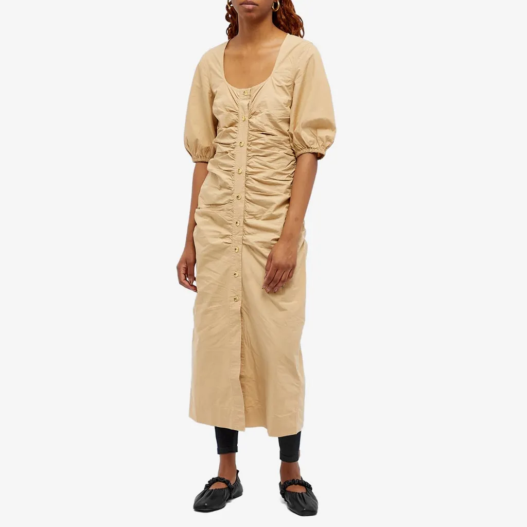 Cotton Poplin Gathered Open-Neck Maxi Dress