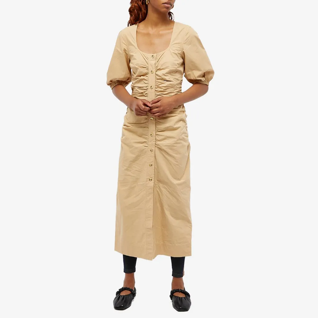 Cotton Poplin Gathered Open-Neck Maxi Dress