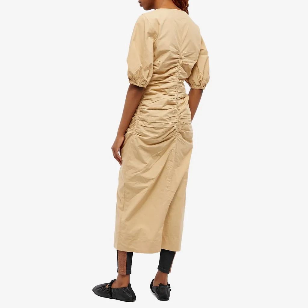 Cotton Poplin Gathered Open-Neck Maxi Dress