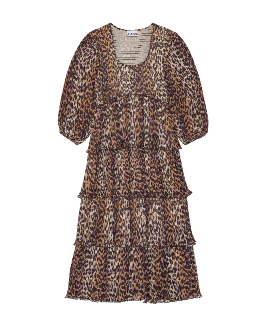 Leopard Printed Pleated U-Neck Midi Dress