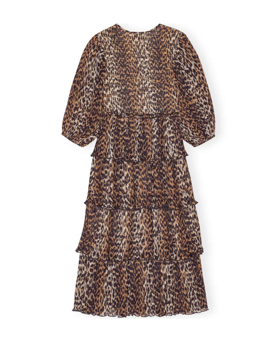 Leopard Printed Pleated U-Neck Midi Dress