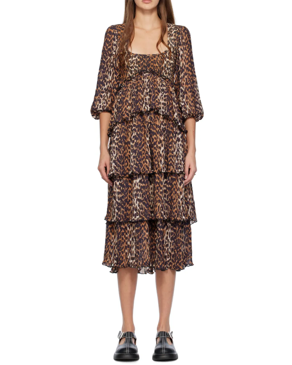Leopard Printed Pleated U-Neck Midi Dress