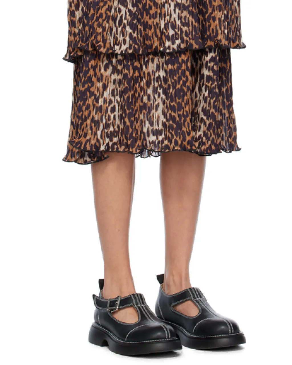 Leopard Printed Pleated U-Neck Midi Dress