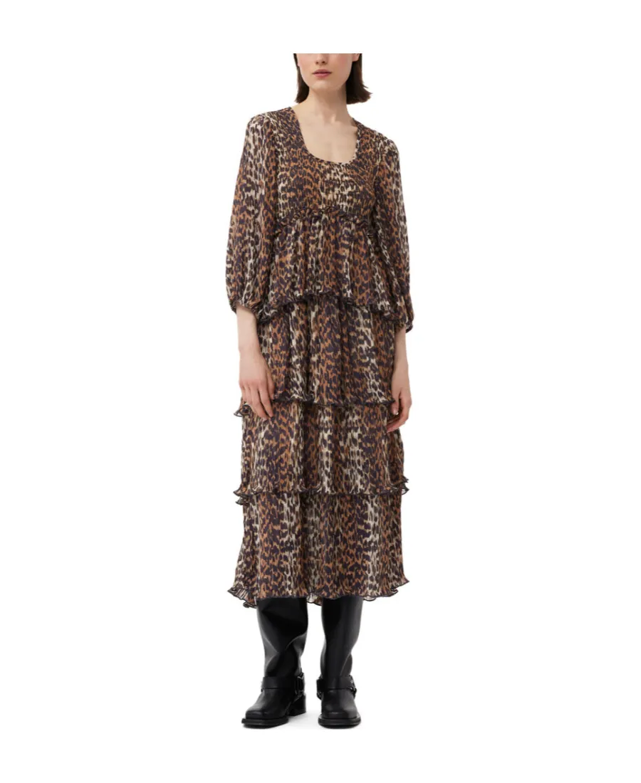 Leopard Printed Pleated U-Neck Midi Dress