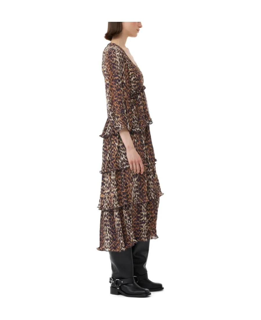 Leopard Printed Pleated U-Neck Midi Dress