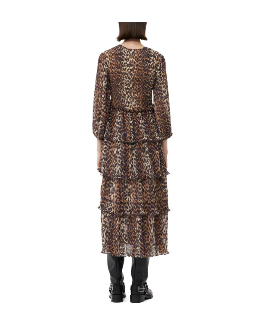 Leopard Printed Pleated U-Neck Midi Dress