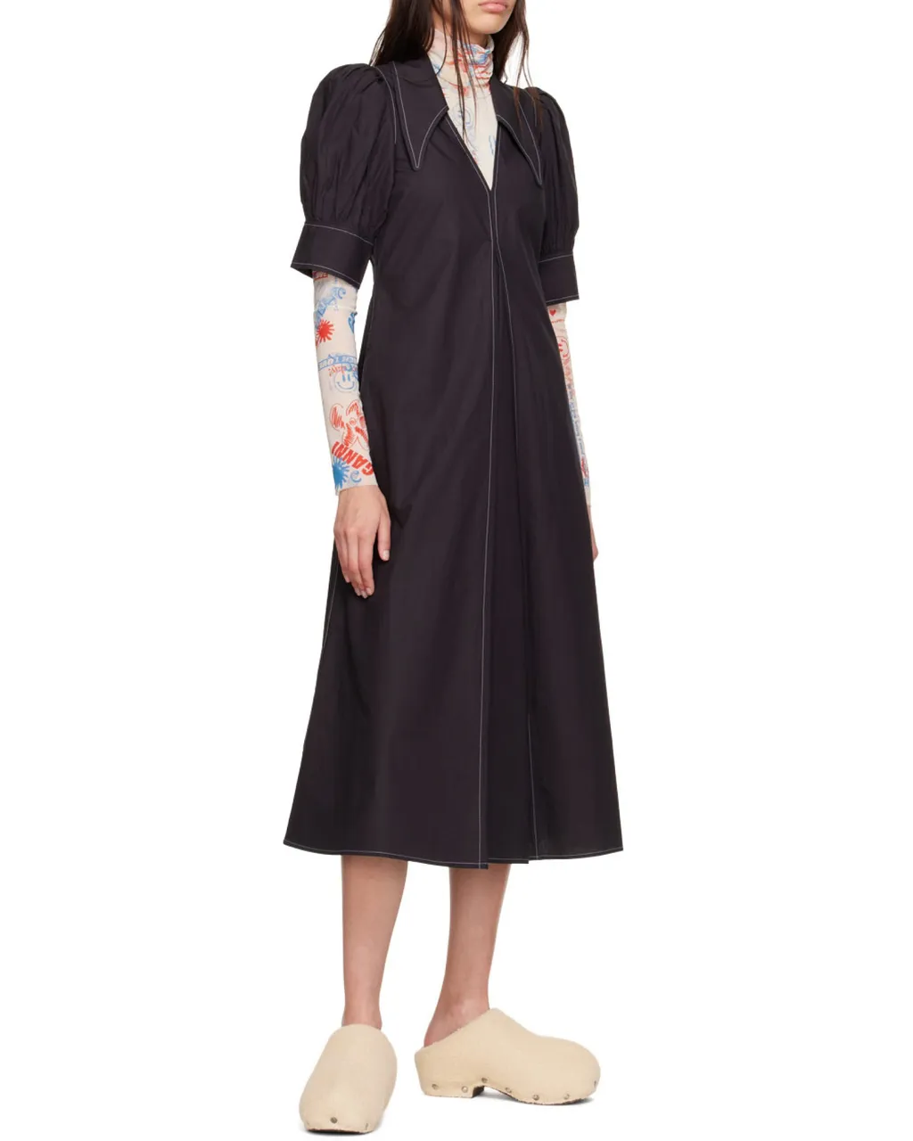 Poplin V-Neck Midi Dress