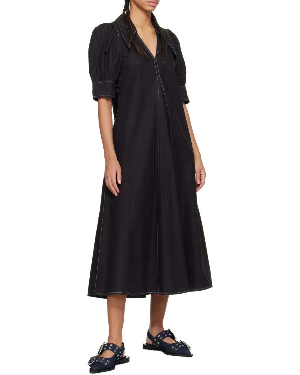 Poplin V-Neck Midi Dress
