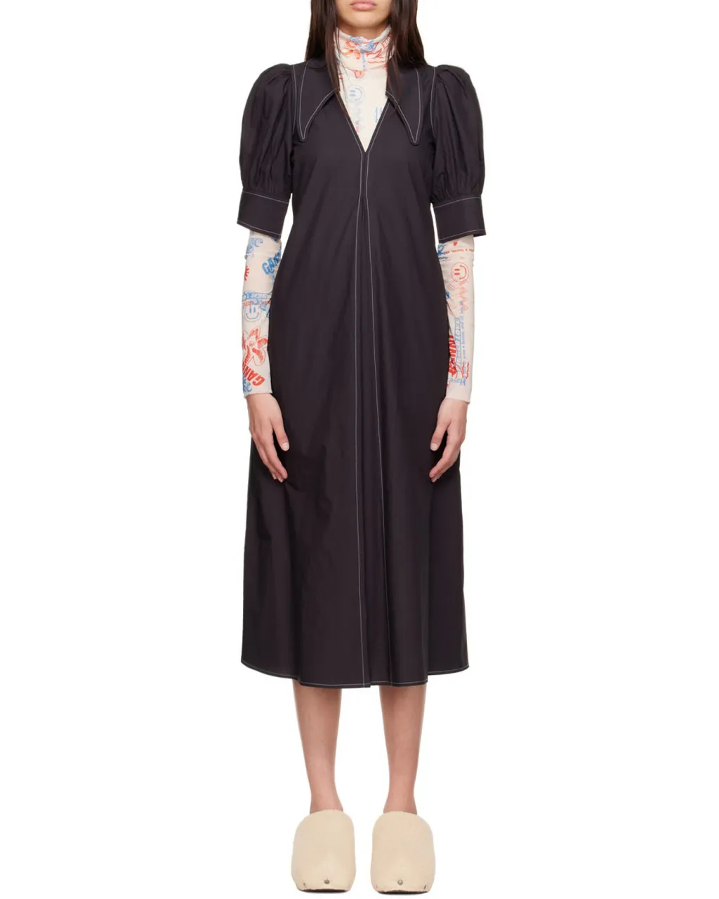 Poplin V-Neck Midi Dress
