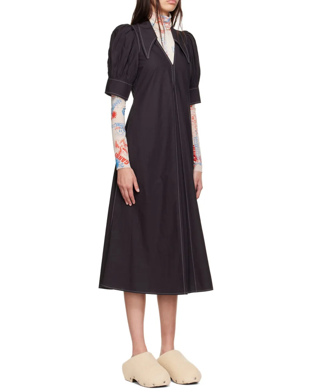 Poplin V-Neck Midi Dress