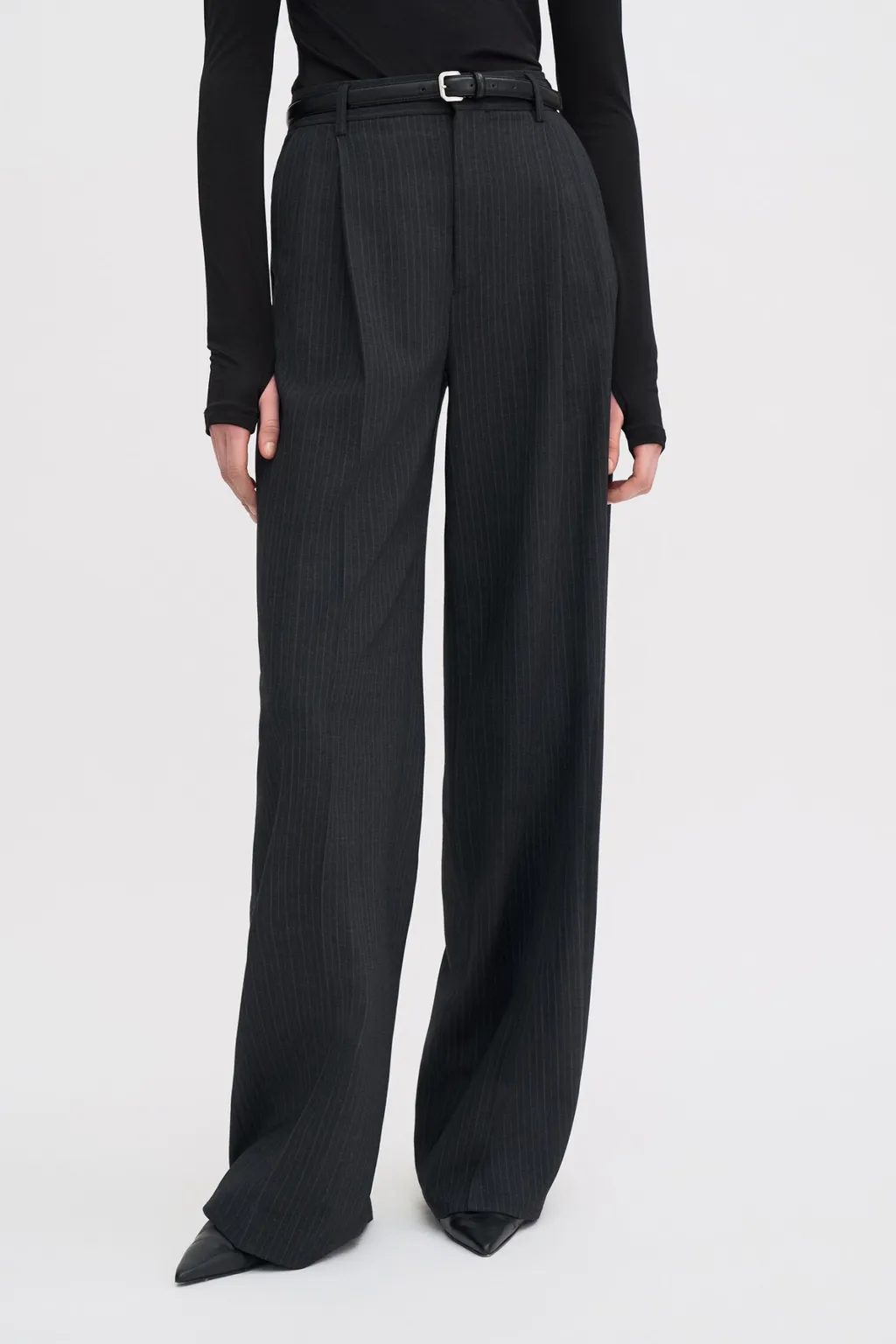 Pinstriped Wide-Leg Pants
