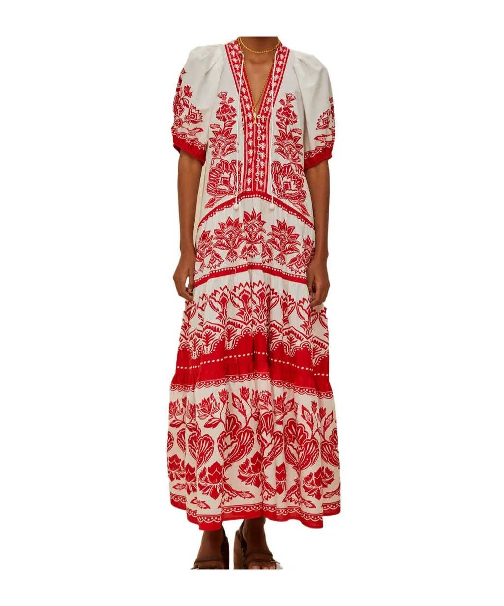 Floral-Pattern Puff-Sleeve Midi Dress