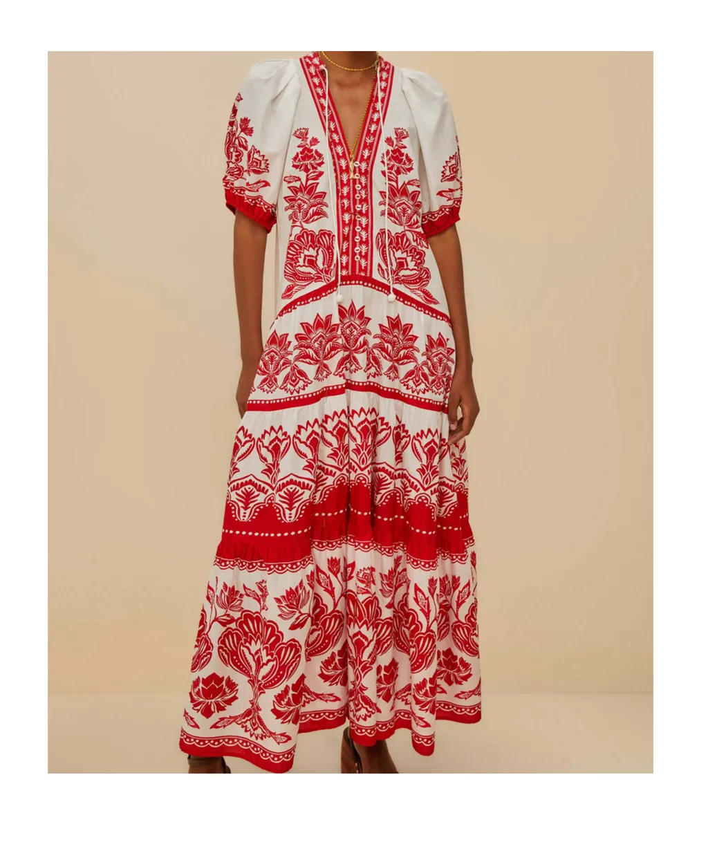 Floral-Pattern Puff-Sleeve Midi Dress