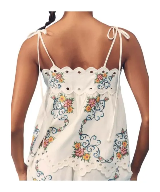 Floral-Embroidered Scalloped Top