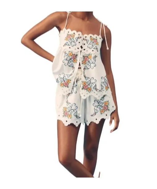 Floral-Embroidered Scalloped Top