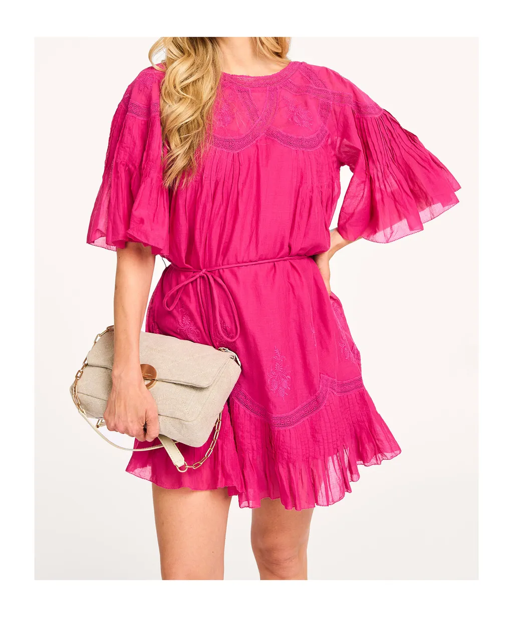 Pleated Short-Sleeve Mini Dress