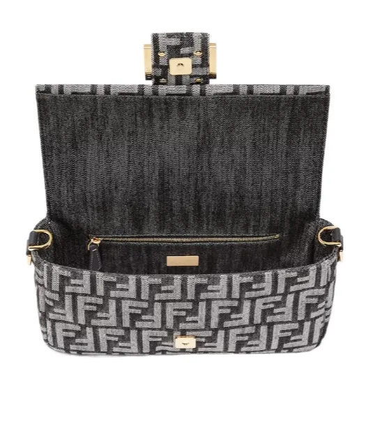 Baguette Dark Blue Denim-Effect Ff Jacquard Bag
