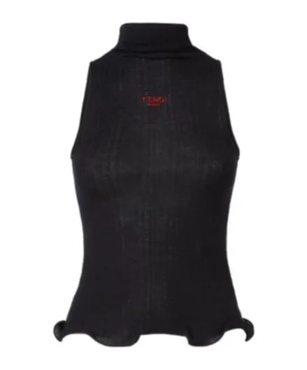 Logo Embroidered High-Neck Sleeveless Ribbed Top