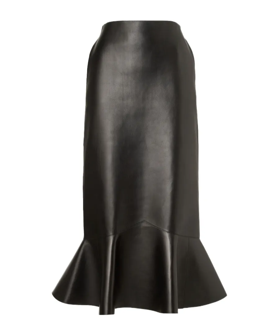 High Waist Peplum-Hem Leather Midi Skirt