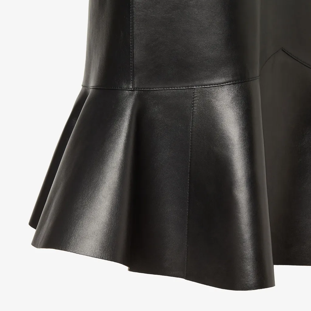 High Waist Peplum-Hem Leather Midi Skirt