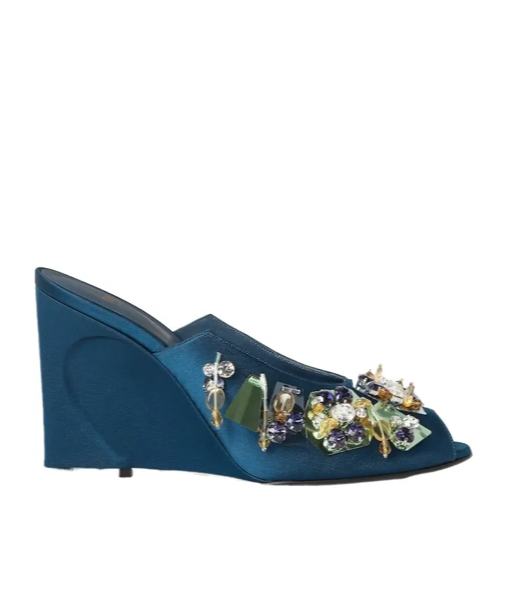 Blue Fabric Sandals With Embroidery