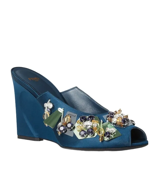 Blue Fabric Sandals With Embroidery