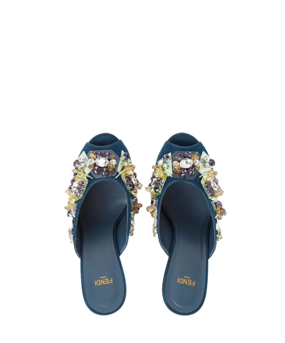 Blue Fabric Sandals With Embroidery
