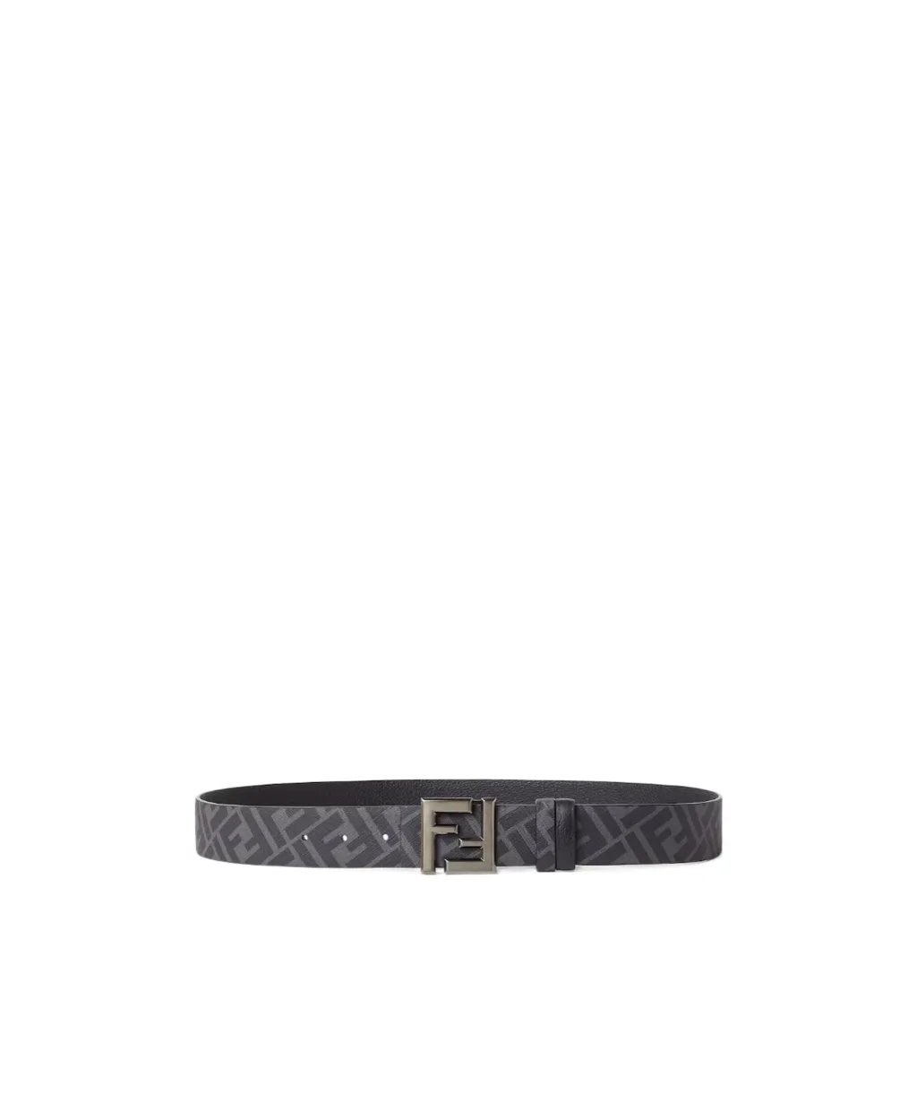 Black Leather And Ff Canvas Reversible Belt