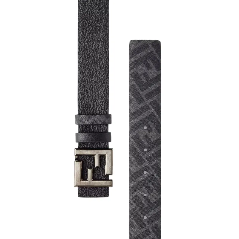 Black Leather And Ff Canvas Reversible Belt