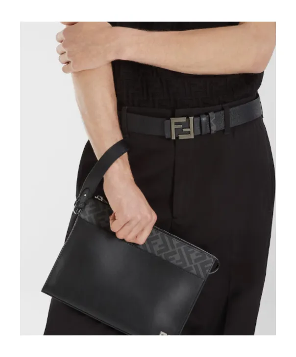 Black Leather And Ff Canvas Reversible Belt