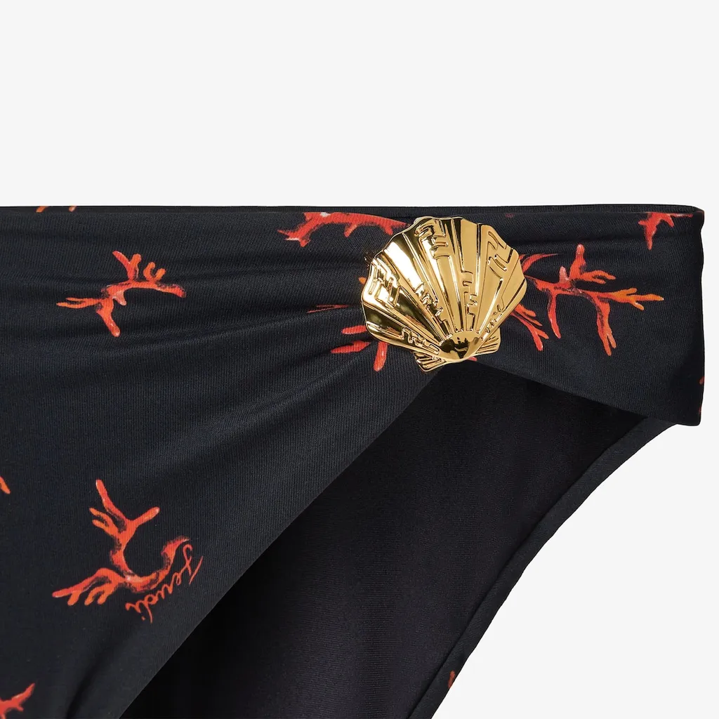Black Lycra® Bikini Bottom With Coral Print