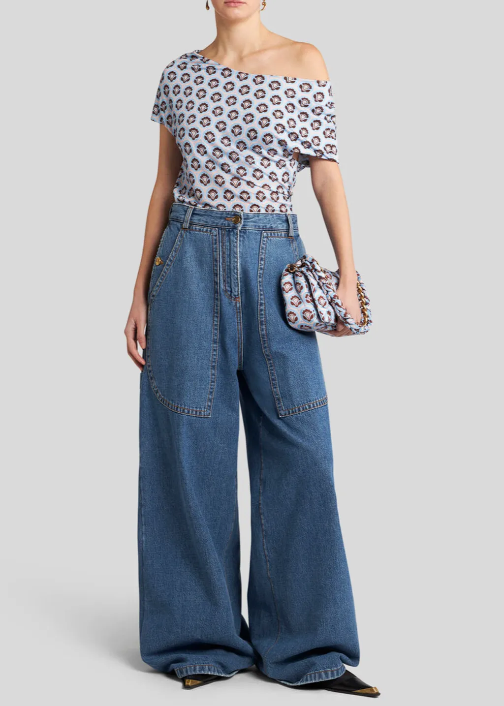 Pattern-Printed Off-Shoulder Asymmetric Top