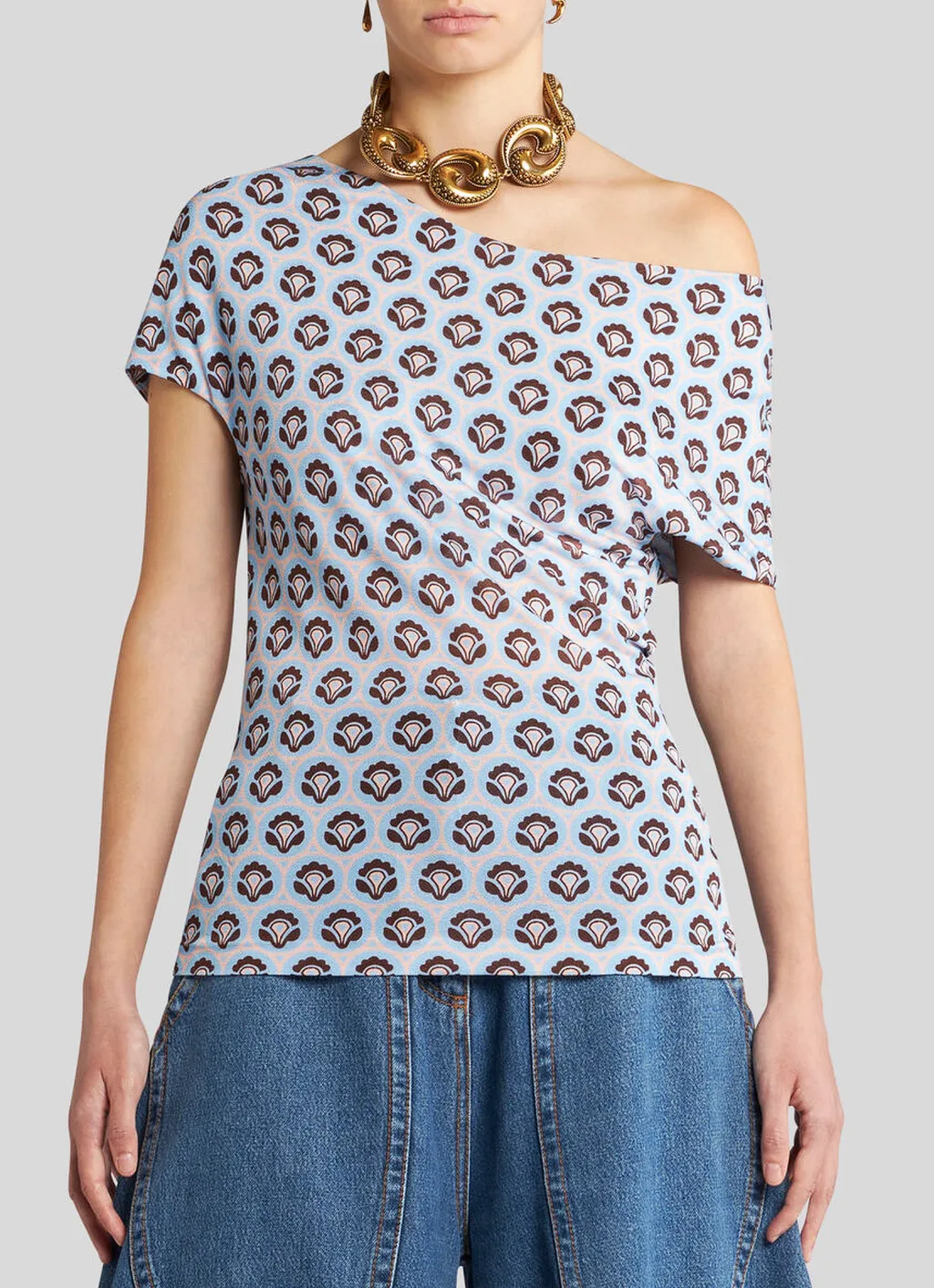 Pattern-Printed Off-Shoulder Asymmetric Top