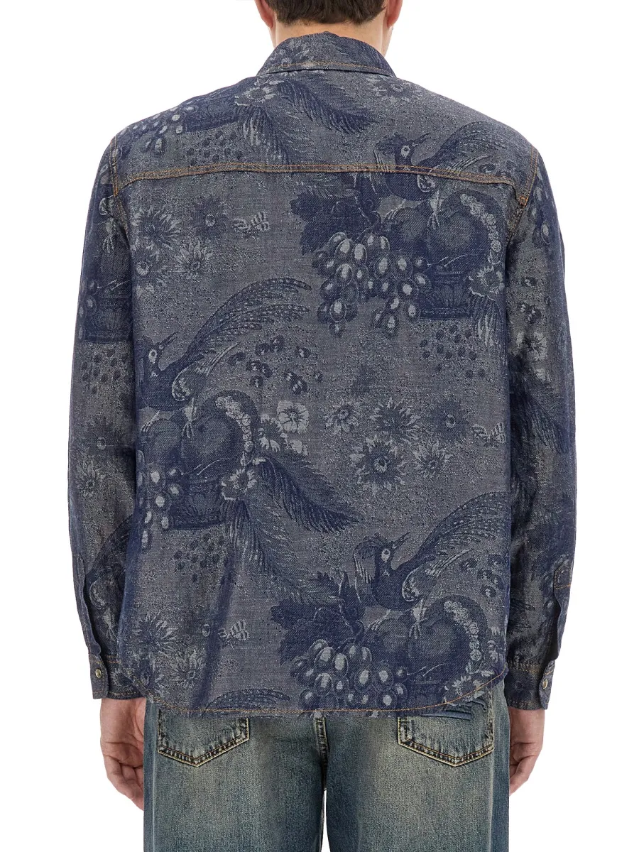 Pattern-Jacquard Button-Up Denim Shirt