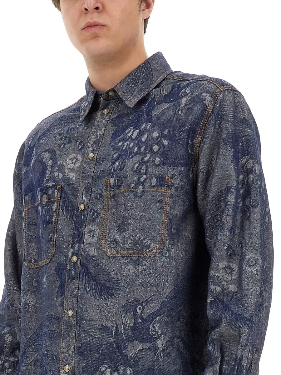 Pattern-Jacquard Button-Up Denim Shirt
