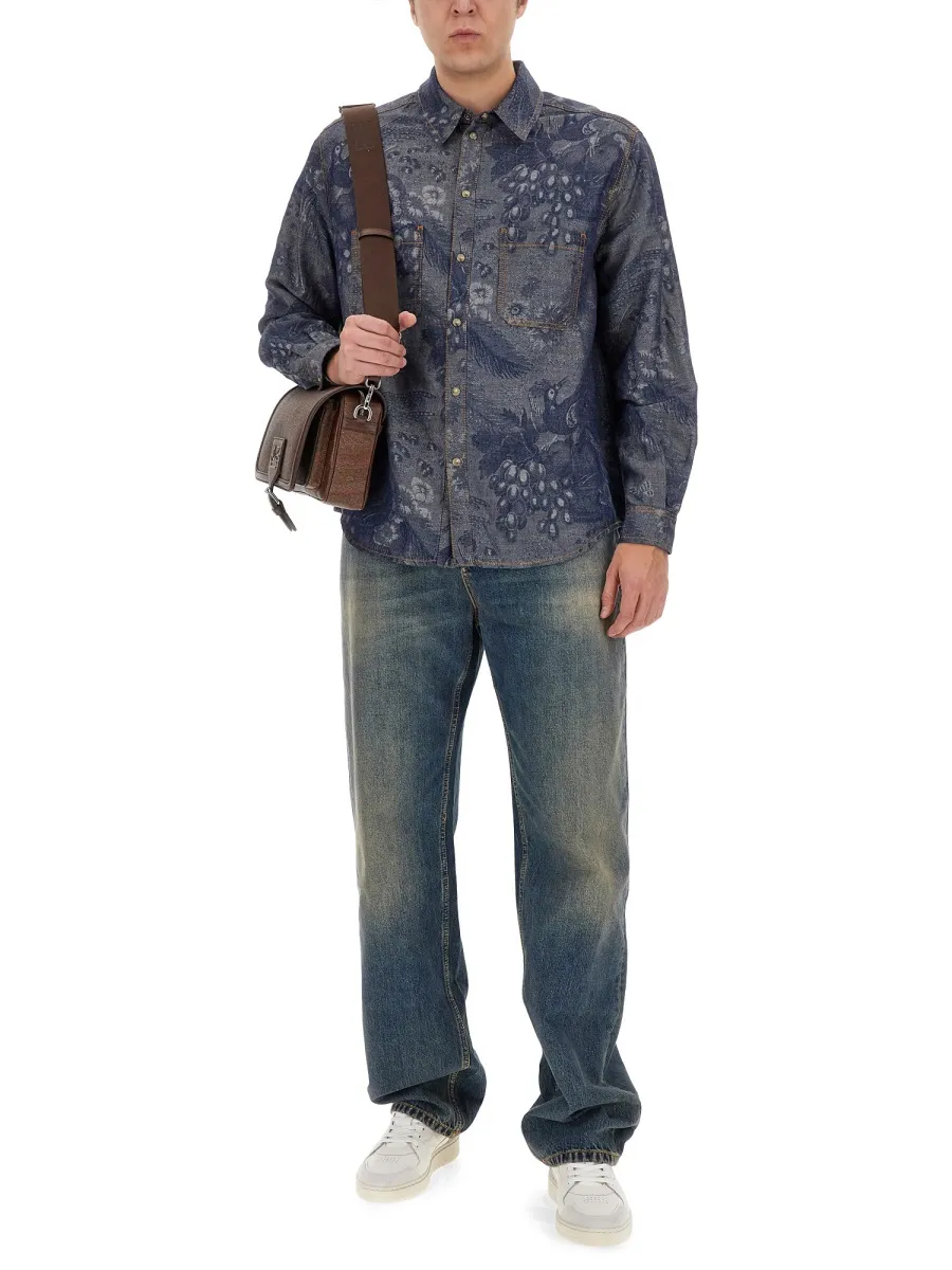 Pattern-Jacquard Button-Up Denim Shirt