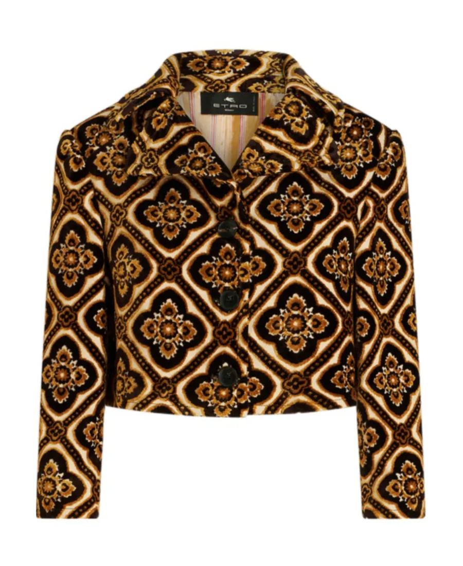 Geometric-Printed Buttoned Cropped Jacket