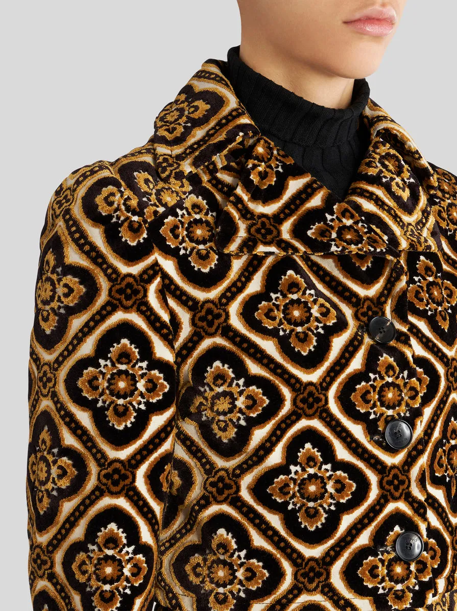 Geometric-Printed Buttoned Cropped Jacket