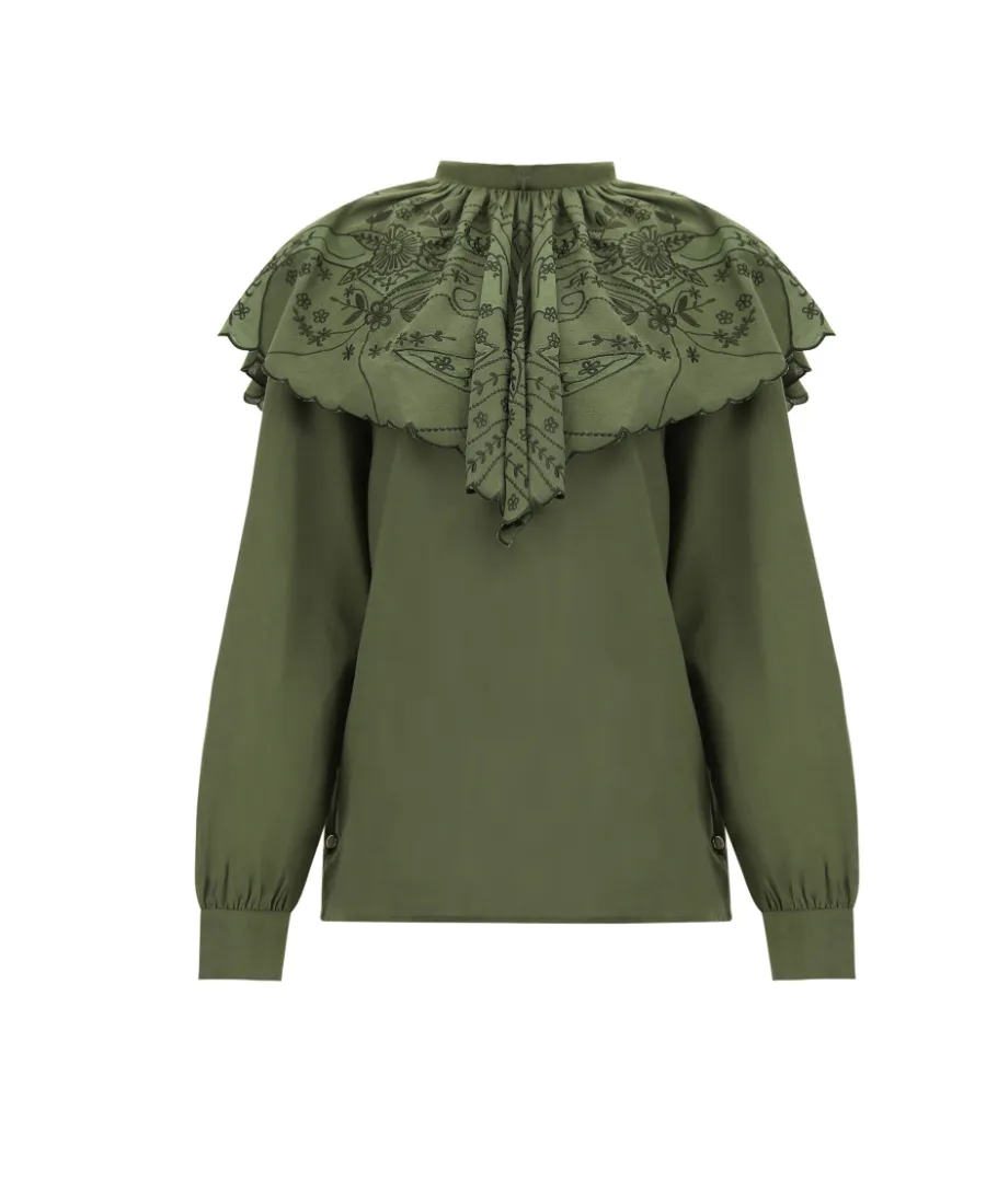 Ruched Floral-Embroidery Blouse