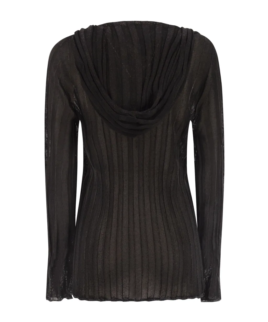 V-Neck Lurex Hooded Drawstring Jumper