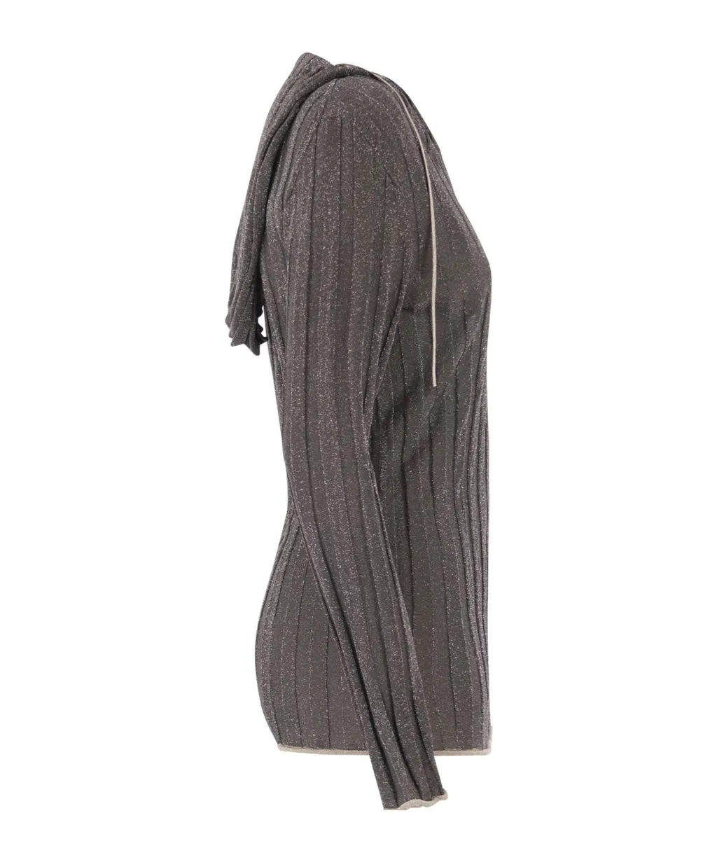 V-Neck Lurex Hooded Drawstring Jumper