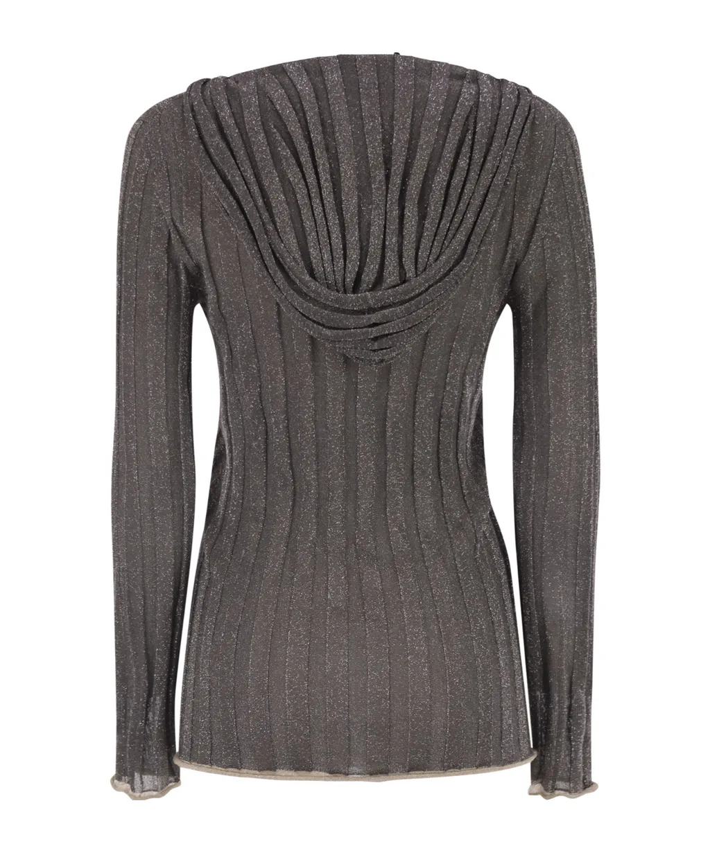 V-Neck Lurex Hooded Drawstring Jumper